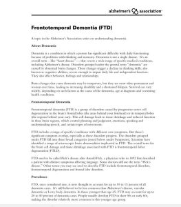 Frontal Temporal Dementia Topic Sheet